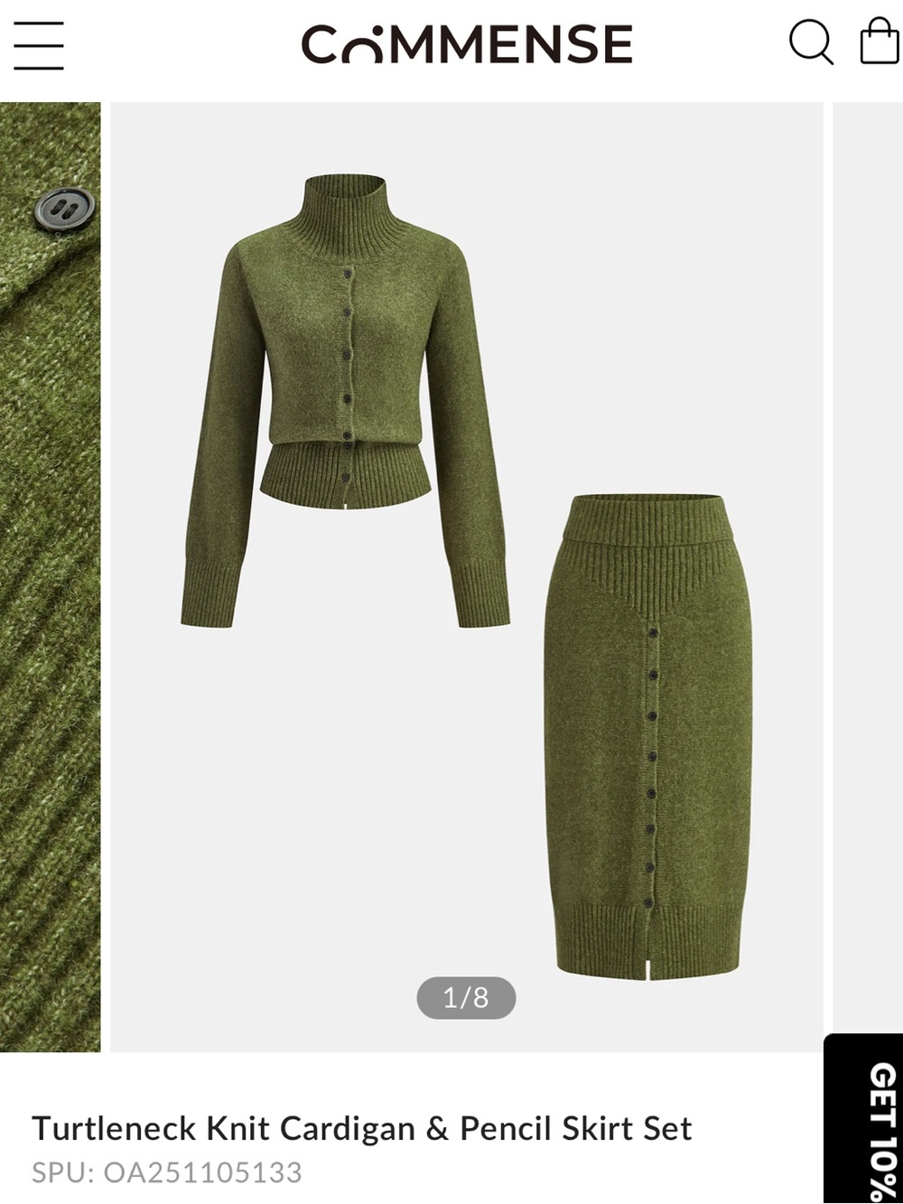 Commense Olive Green Turtleneck Knit Cardigan & Pencil Skirt Set